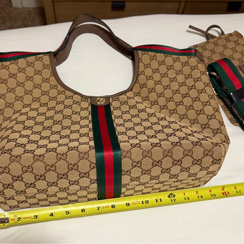 Brown Tote Bag with Green and Red Stripes - Picture 3 of 4